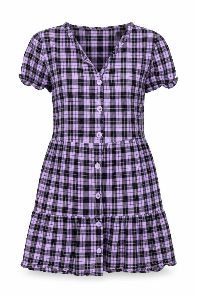 Front view of Divided women’s purple plaid viscose a-line, size UK 8, v-neck button