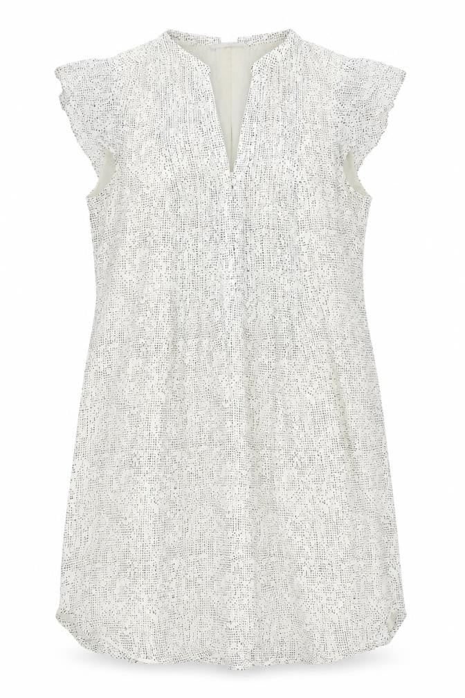 Front view of H&M women’s ivory geometric polyester a-line, size UK 10, v-neck button
