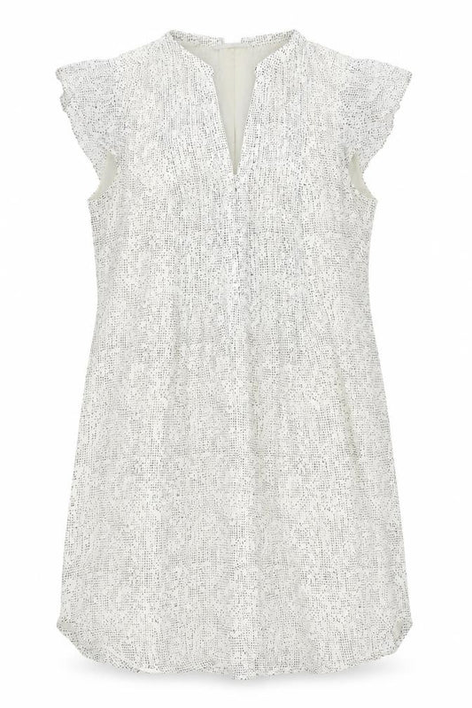 Front view of H&M women’s ivory geometric polyester a-line, size UK 10, v-neck button