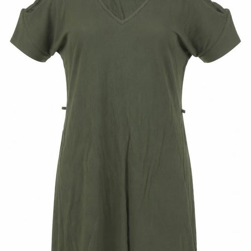 Preworn Womens Green Polyester T-Shirt Dress Size 8 V-Neck Pullover - Cold Shoulder