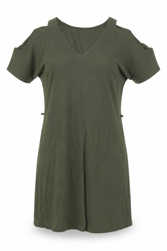 Preworn Womens Green Polyester T-Shirt Dress Size 8 V-Neck Pullover - Cold Shoulder