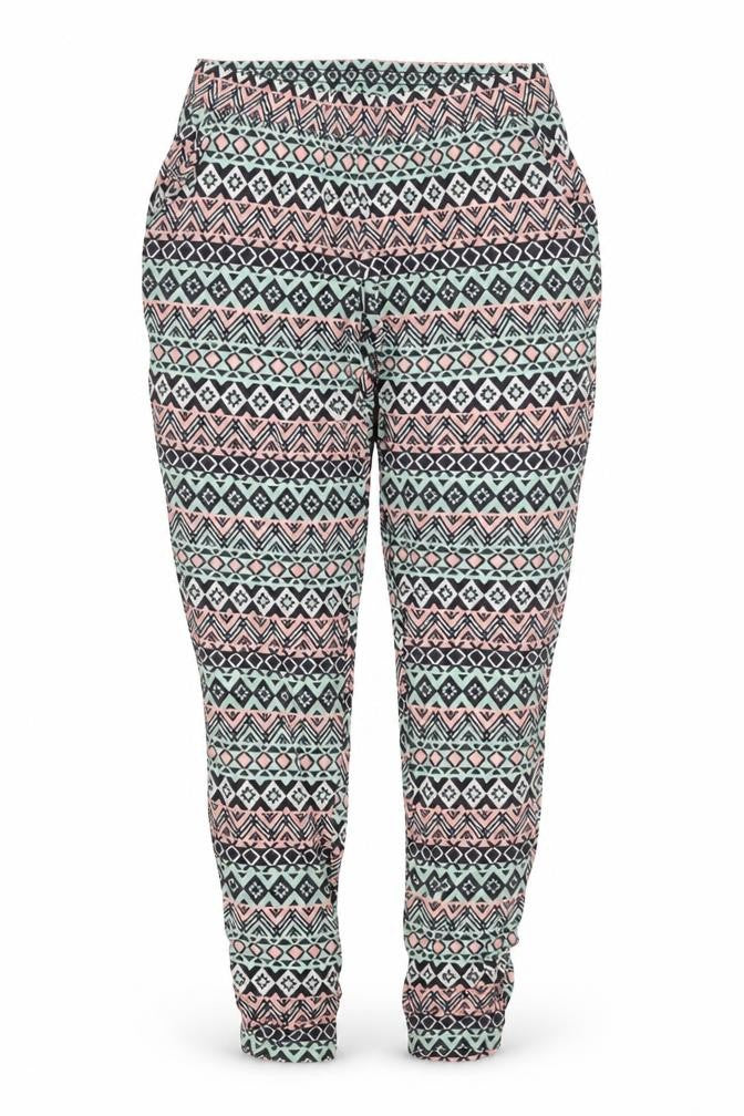 Front view of H&M women’s multicoloured geometric viscose trousers, size UK 8, regular