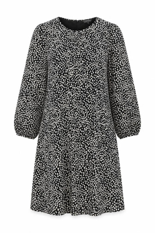 Front view of Principles women’s black geometric polyester trapeze & swing, size UK 12, round neck button