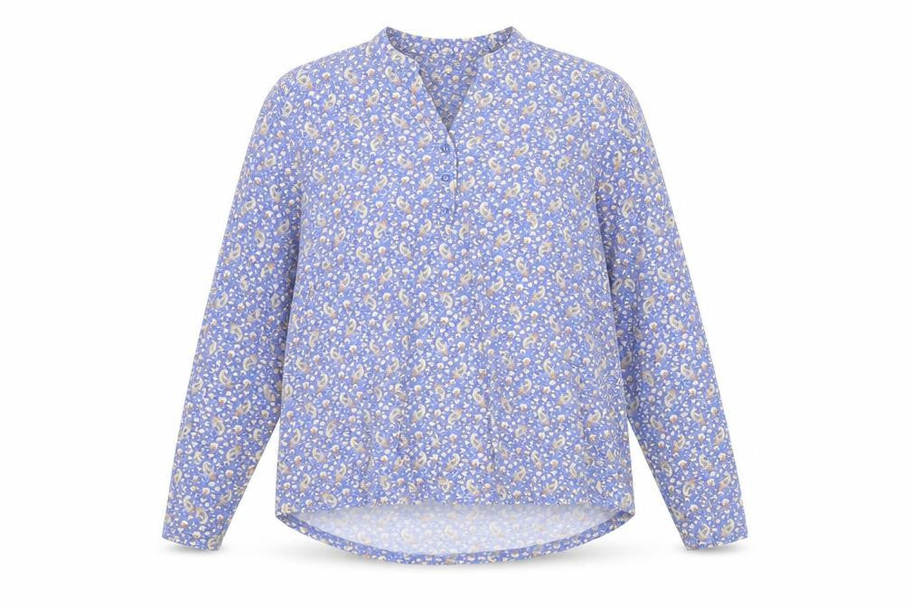 Front view of Lakeland women’s blue floral polyester basic blouse, size XL, v-neck