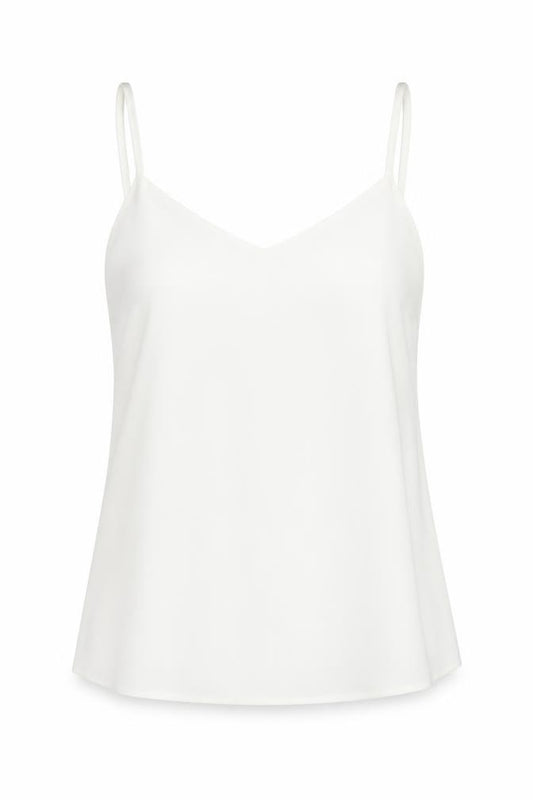 Front view of ASOS women’s ivory polyester basic tank, size UK 8, v-neck