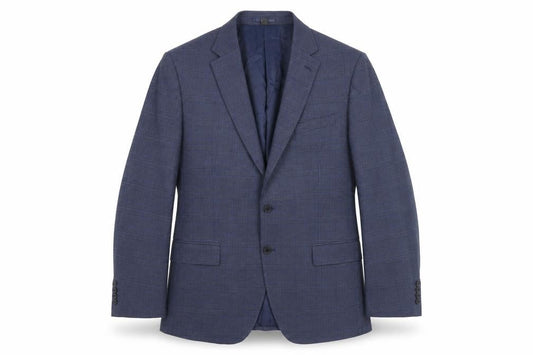 Front view of Marks & Spencer men’s blue plaid polyacrylate fibre jacket suit jacket, size 46, regular