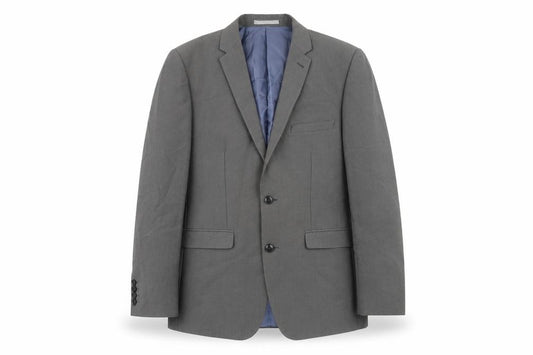 Front view of Burton men’s grey polyester jacket suit jacket, size 40, regular