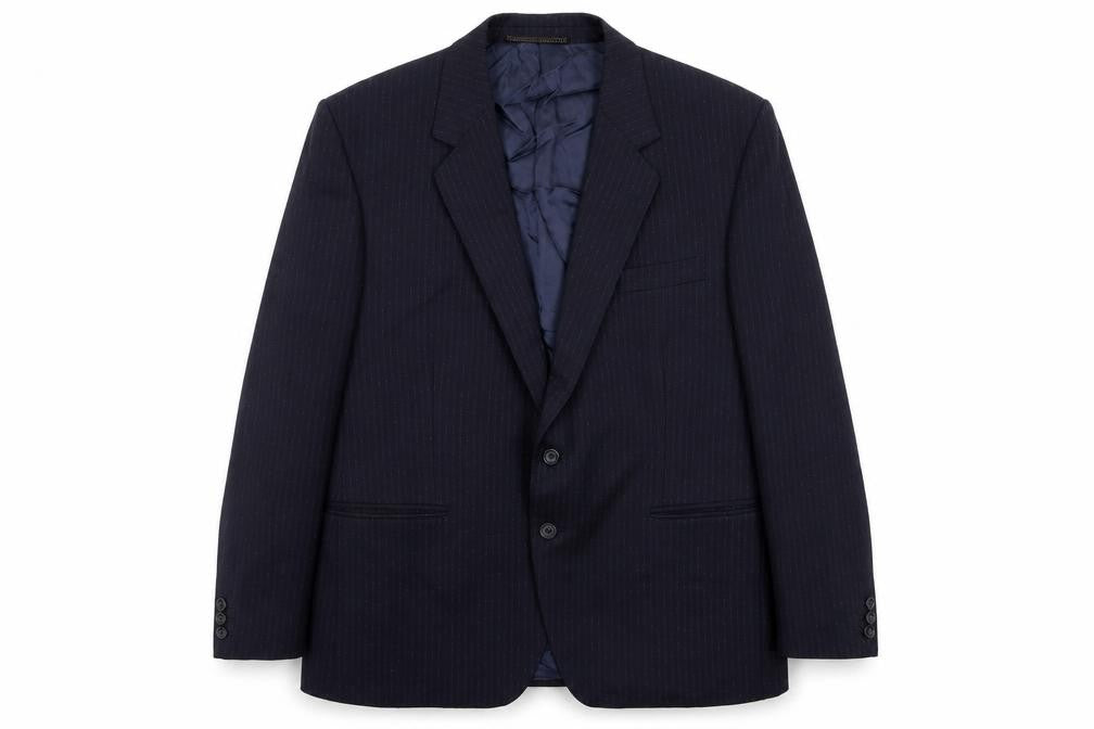 Front view of Manford men’s blue striped wool jacket suit jacket, size 42, regular