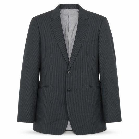 Front view of Burton men’s grey striped polyester jacket suit jacket, size 38, regular