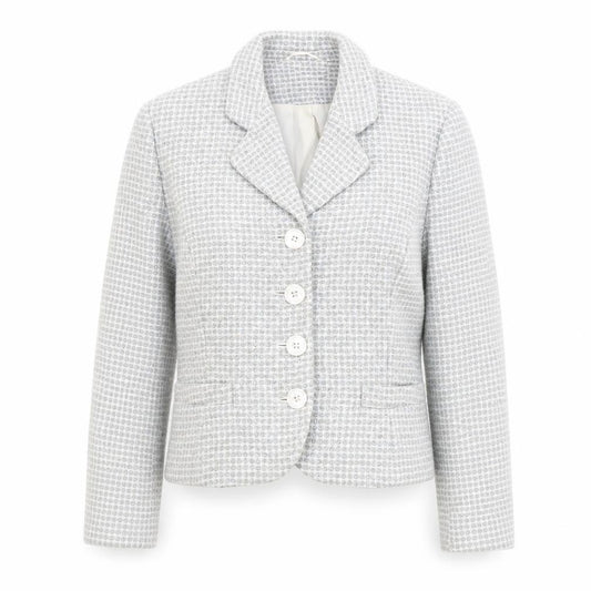 Front view of Platinium women’s grey geometric jacket blazer, size UK 14, button