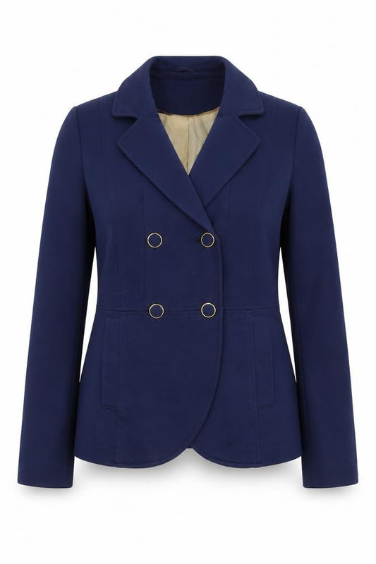 Front view of H&M women’s blue jacket, size UK 12, button
