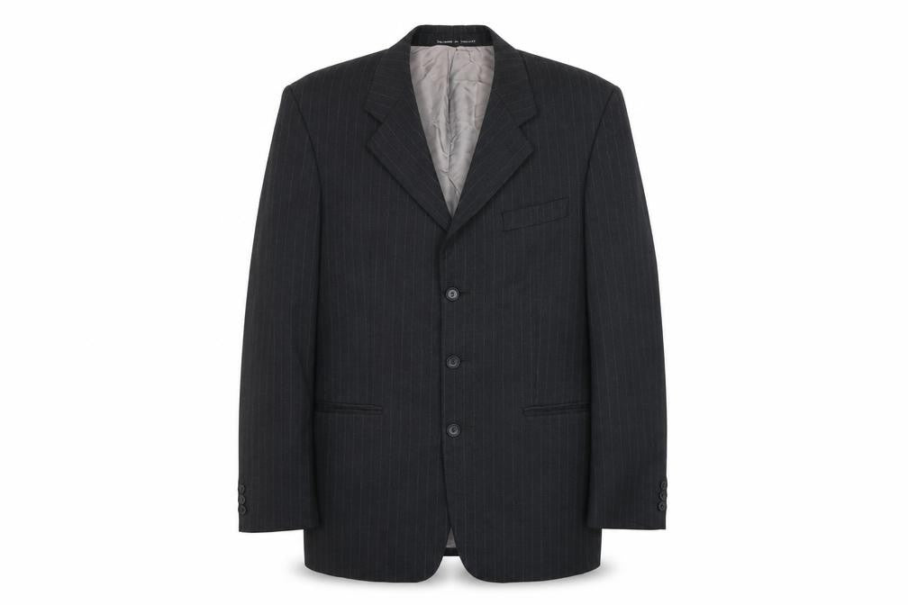 Front view of The Label men’s grey striped wool jacket blazer, size M, regular