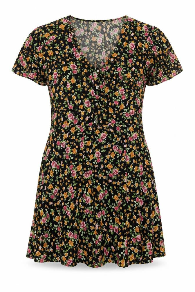 Front view of River Island women’s black floral viscose a-line, size UK 12, scoop neck button