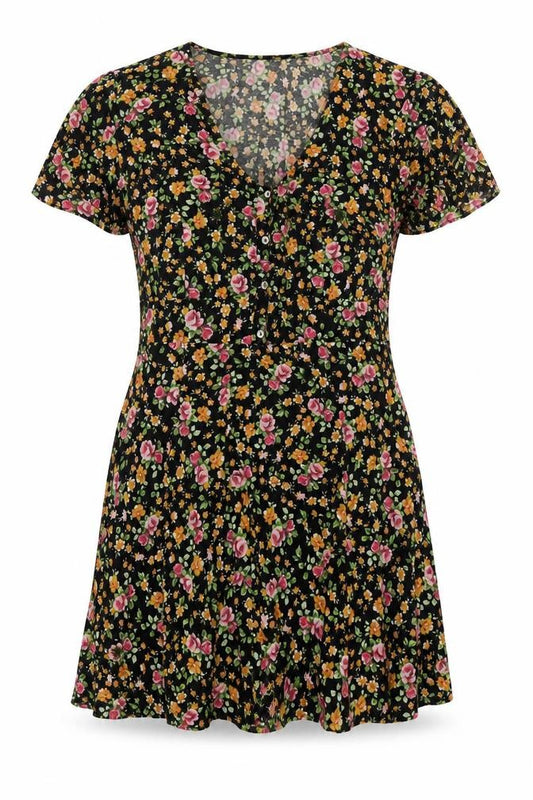 Front view of River Island women’s black floral viscose a-line, size UK 12, scoop neck button