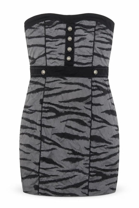 Front view of H&M women’s grey animal print cotton bodycon, size UK 8, off the shoulder zip - tiger pattern