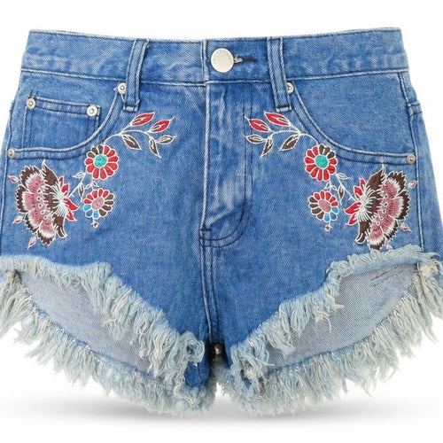 Glamorous Womens Blue Floral Cotton Cut-Off Shorts Size S Regular Zip