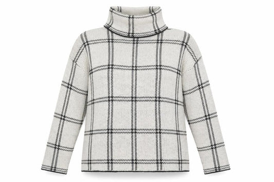 Front view of Boohoo women’s grey roll neck plaid acrylic jumper, size S