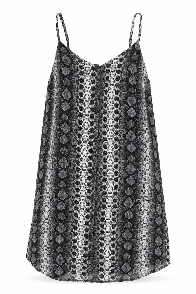 Front view of H&M women’s grey geometric polyester tank dress, size UK 8, v-neck pullover