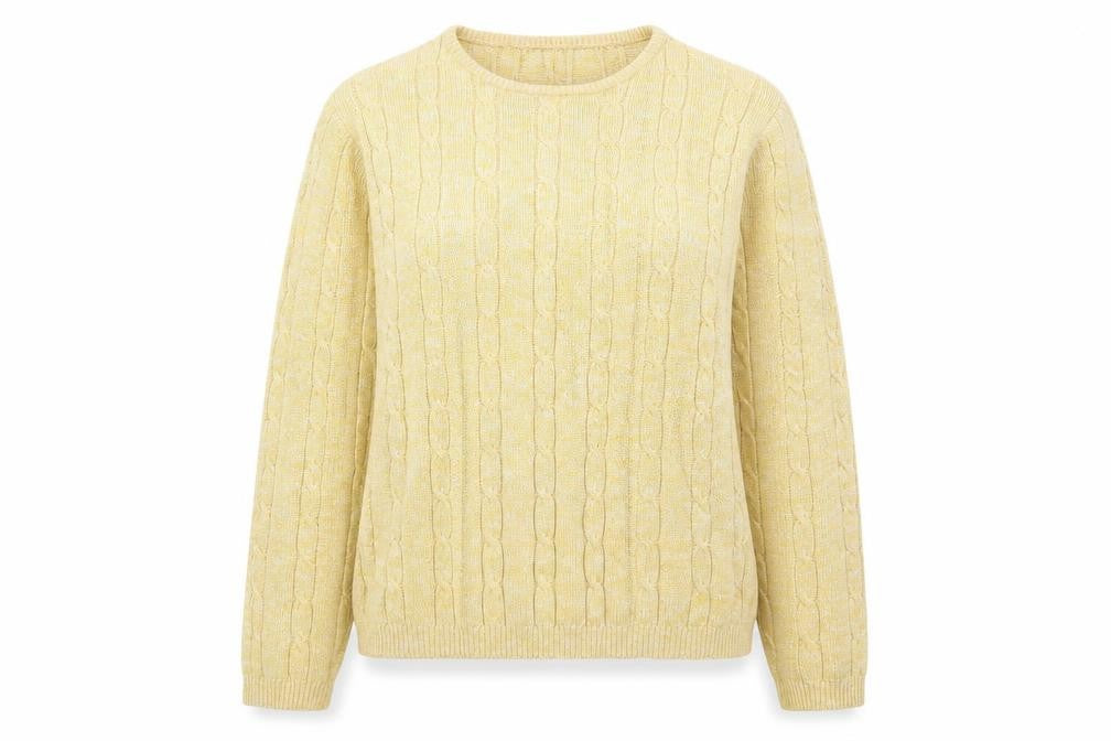Front view of Amy Moore women’s yellow round neck cotton jumper, size UK 14