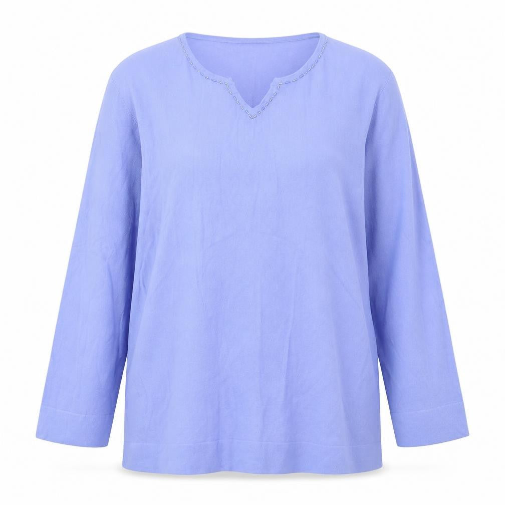 Front view of Claire Ashton women’s blue viscose basic blouse, size UK 14, v-neck