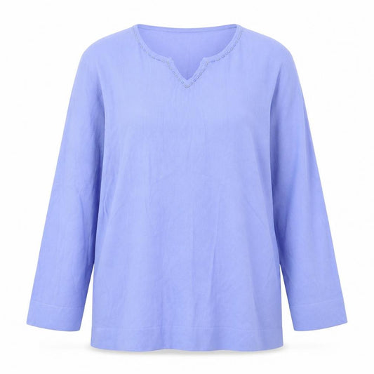 Front view of Claire Ashton women’s blue viscose basic blouse, size UK 14, v-neck