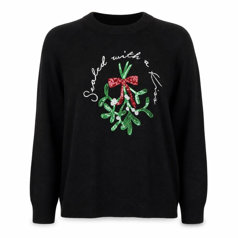 Front view of H&M women’s black round neck polyamide jumper, size XS, - sealed with a kiss