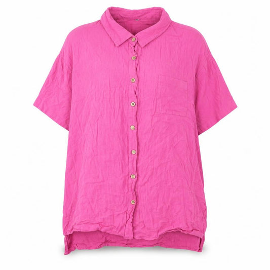 Front view of Preworn women’s pink polyester basic button-up, size XL, collared
