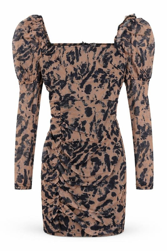 Front view of NaoNao women’s brown animal print polyester bodycon, size UK 6, square neck zip - leopard pattern