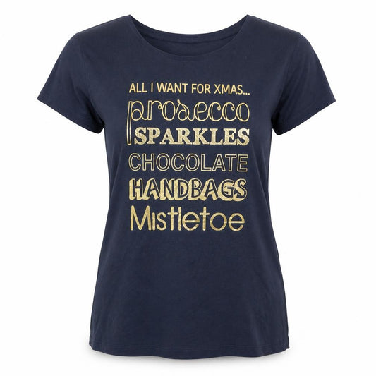 Front view of Avenue women’s blue polyester basic t-shirt, size M, round neck - all i want for xmas...