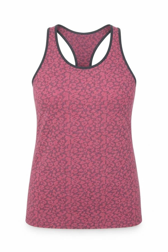 Front view of Boux Active women’s pink animal print polyester basic tank, scoop neck pullover - leopard print racerback