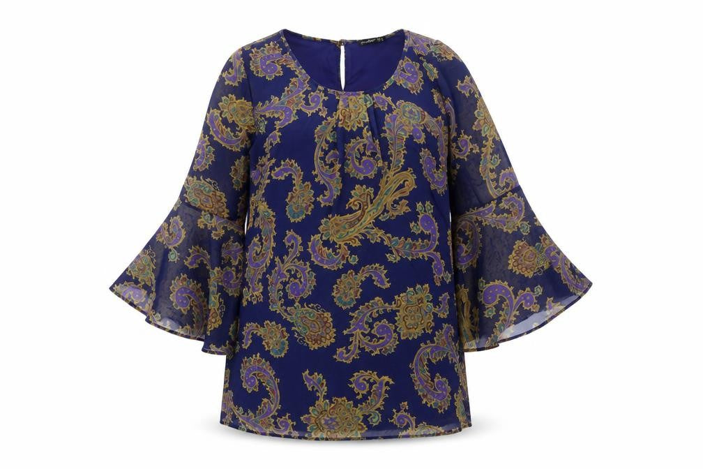 Front view of Atmosphere women’s blue geometric polyester a-line, size UK 14, round neck button
