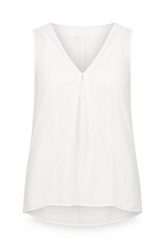 Front view of Grace & Mila women’s white polyester basic tank, size M, v-neck