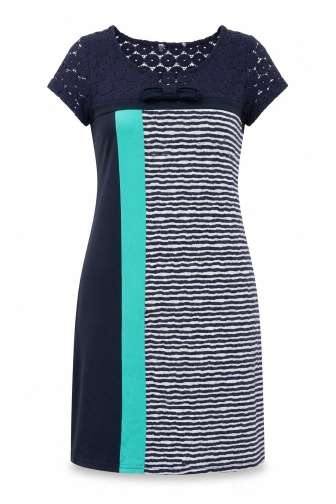 Front view of women’s blue striped polyester a-line one size round neck pullover