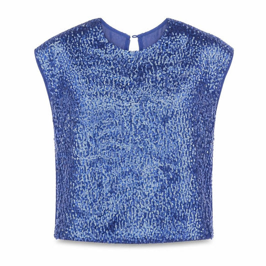 Front view of Glamorous women’s blue polyester basic blouse, size UK 8, round neck
