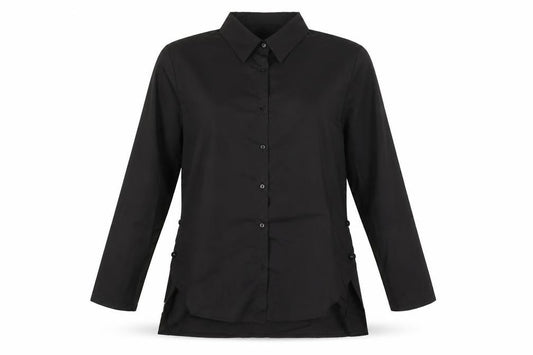 Front view of Preworn women’s black polyester basic button-up, size XL, collared