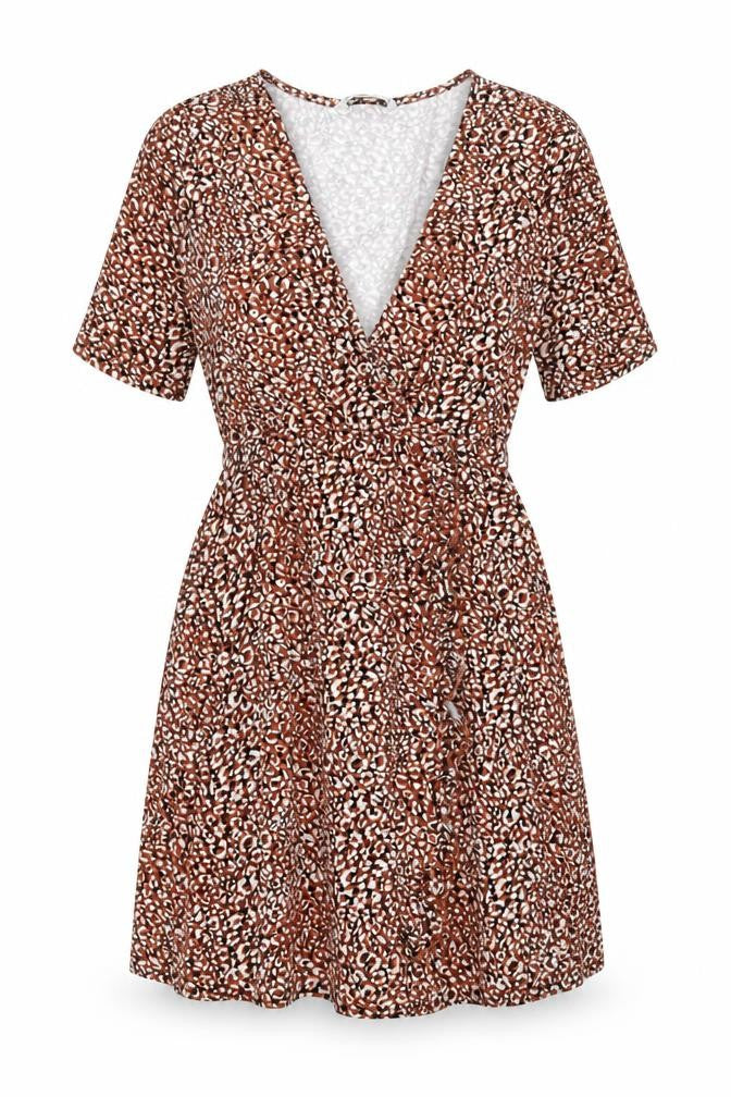 Front view of Stradivarius women’s brown geometric polyester a-line, size S, v-neck pullover