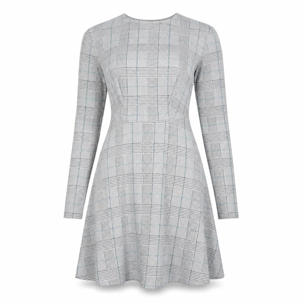 Marks and Spencer Womens White Plaid Polyester Fit & Flare Size 8 Round Neck Zip