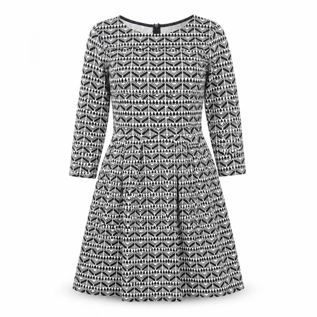 Pull&Bear Womens Black Geometric Polyester Fit & Flare Size L Round Neck Zip