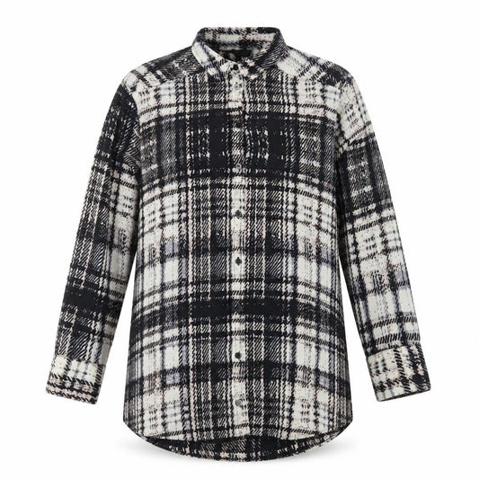 Front view of Topshop women’s black plaid polyester basic button-up, size UK 8, collared