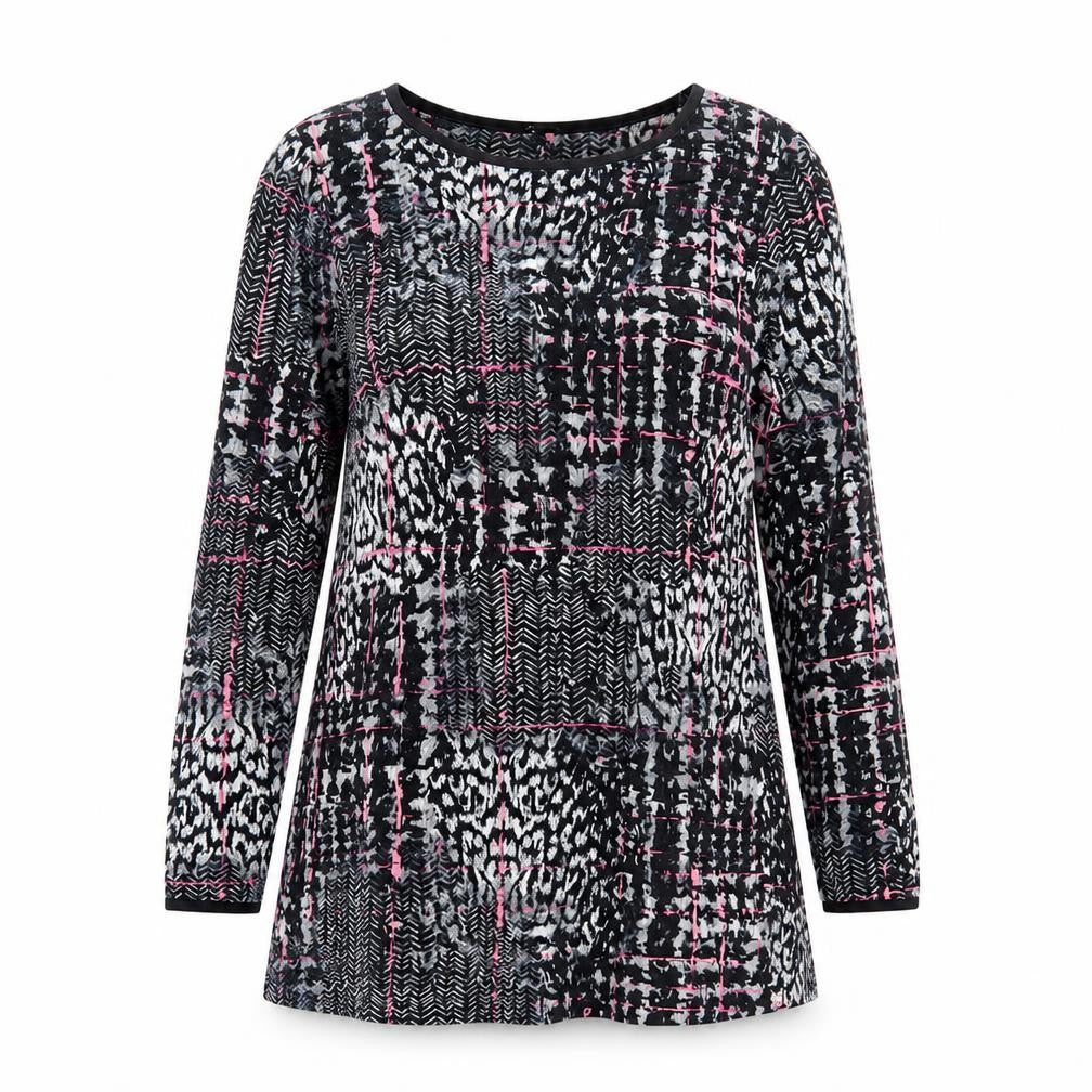 Front view of Tu women’s black geometric viscose a-line, size UK 12, round neck pullover