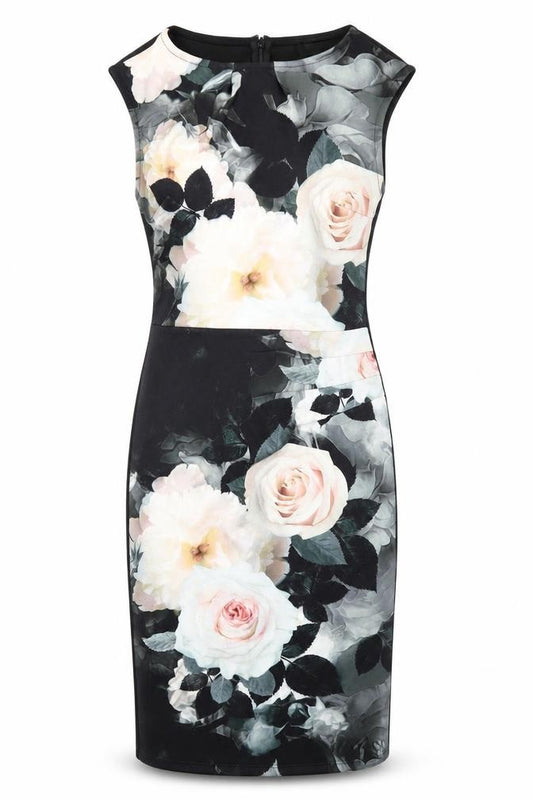 Front view of Lipsy women’s black floral polyester a-line, size UK 6, round neck zip