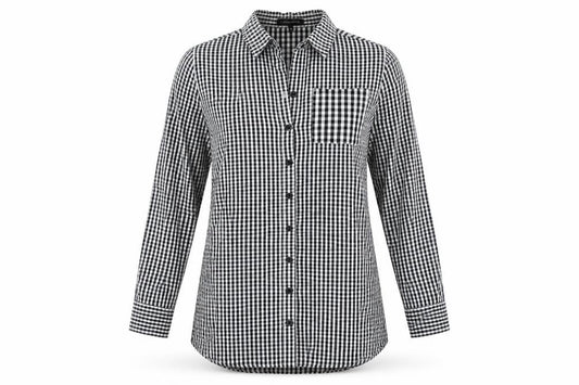Front view of Cameo Rose women’s black geometric cotton basic button-up, size UK 10, collared