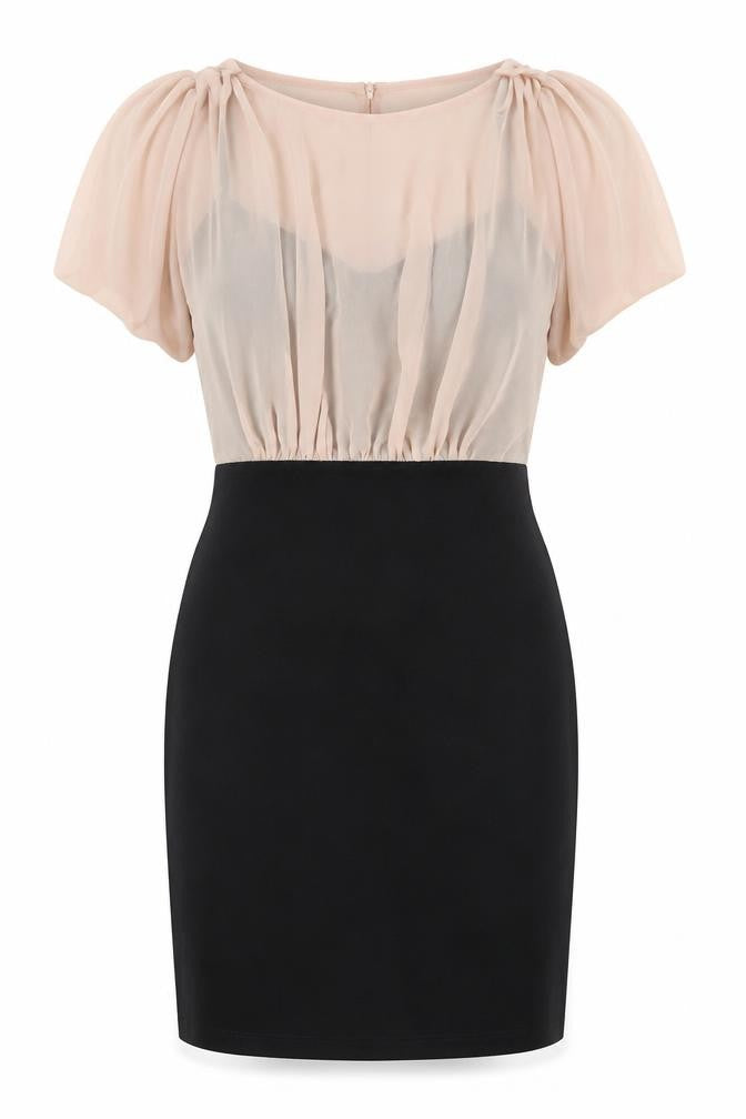 Front view of Miss Selfridge women’s black colourblock polyester a-line, size UK 8, round neck button
