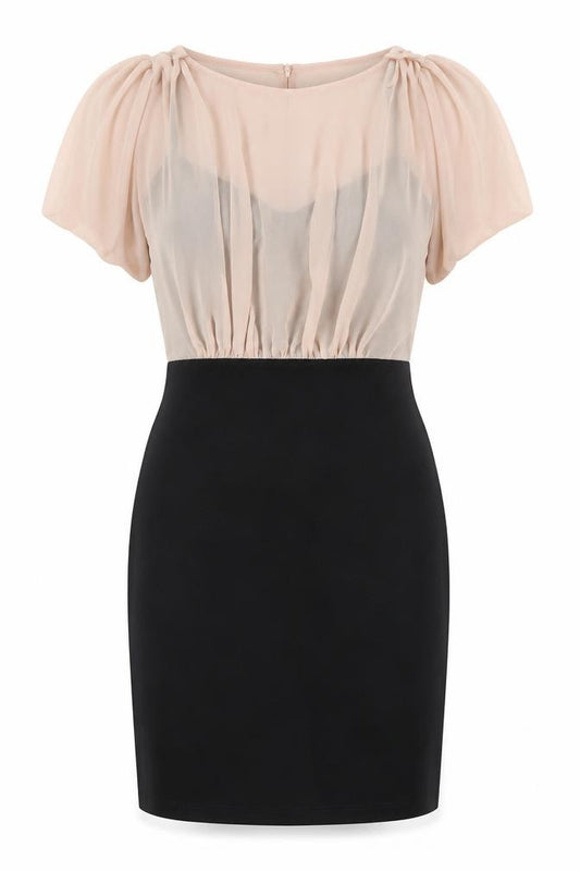 Front view of Miss Selfridge women’s black colourblock polyester a-line, size UK 8, round neck button