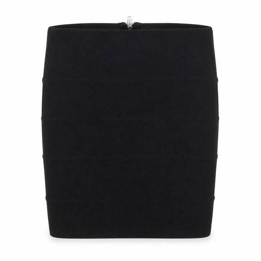 Front view of Preworn women’s black polyester bandage skirt, size UK 10, zip