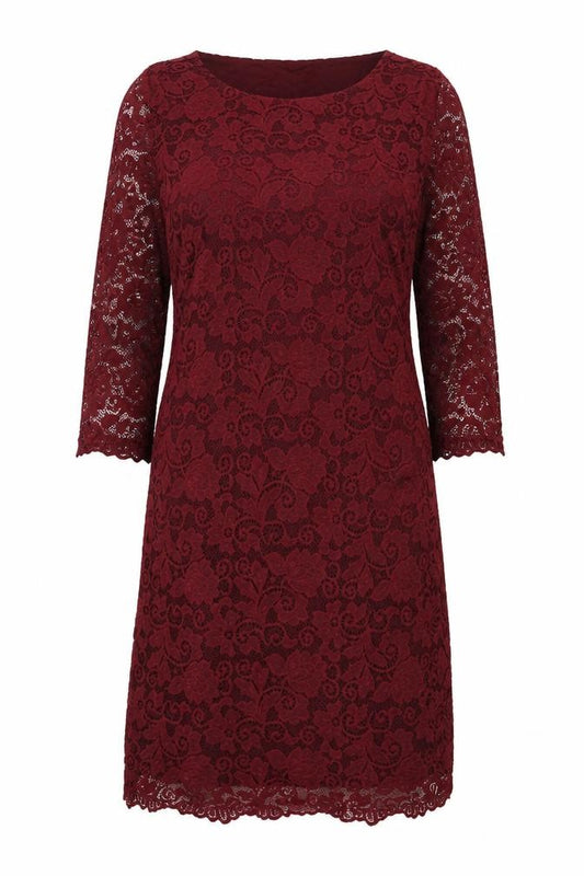 Front view of Izabel London women’s red geometric polyester a-line, size UK 10, round neck