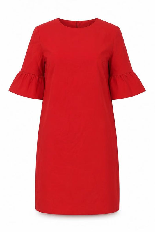 Front view of FUNNOW women’s red polyester a-line, size M, round neck button