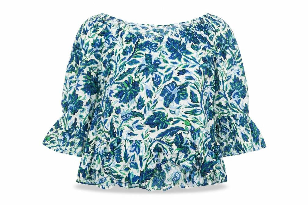 Front view of Topshop women’s blue floral viscose basic blouse, size UK 8, boat neck