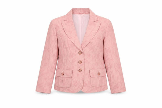 Front view of Betty Barclay women’s pink floral wool jacket blazer, size L