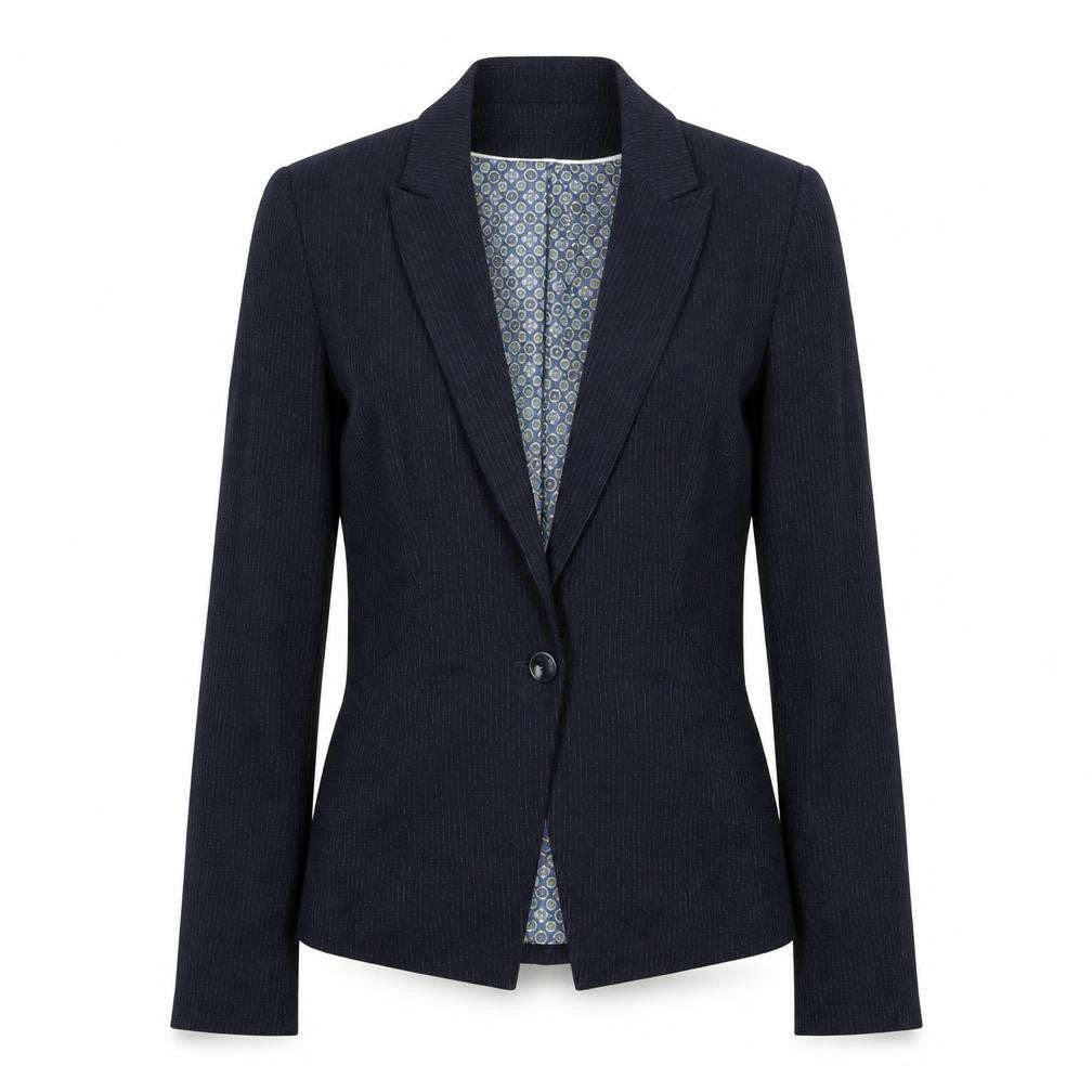 Front view of Next women’s blue pinstripe wool jacket suit jacket, size UK 6
